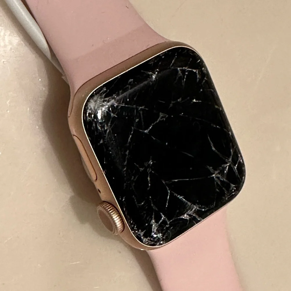 Apple Watch Series 6 Shattered Glass w Pink Bank 2 sizes & Black Peloton Band